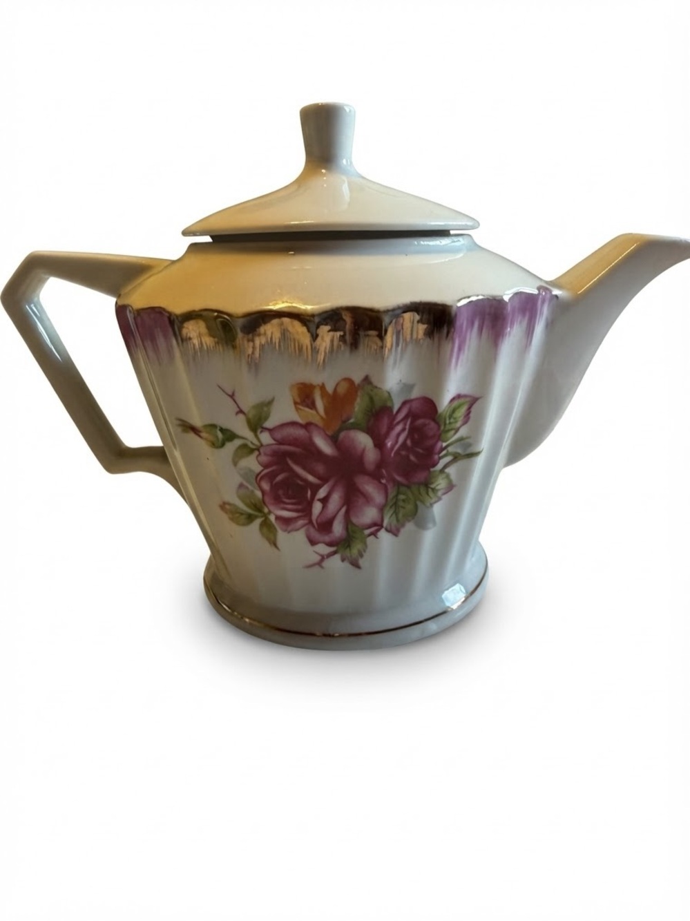Vintage Shabby Chic Floral Porcelain Teapot Gold Trim Roses Cottagecore